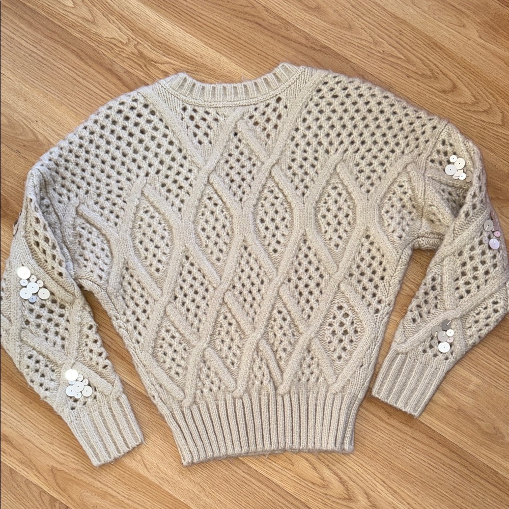 White House Black Market Beige Sweater Sequin Accents Chunky Open Knit Size XS - Picture 5 of 6